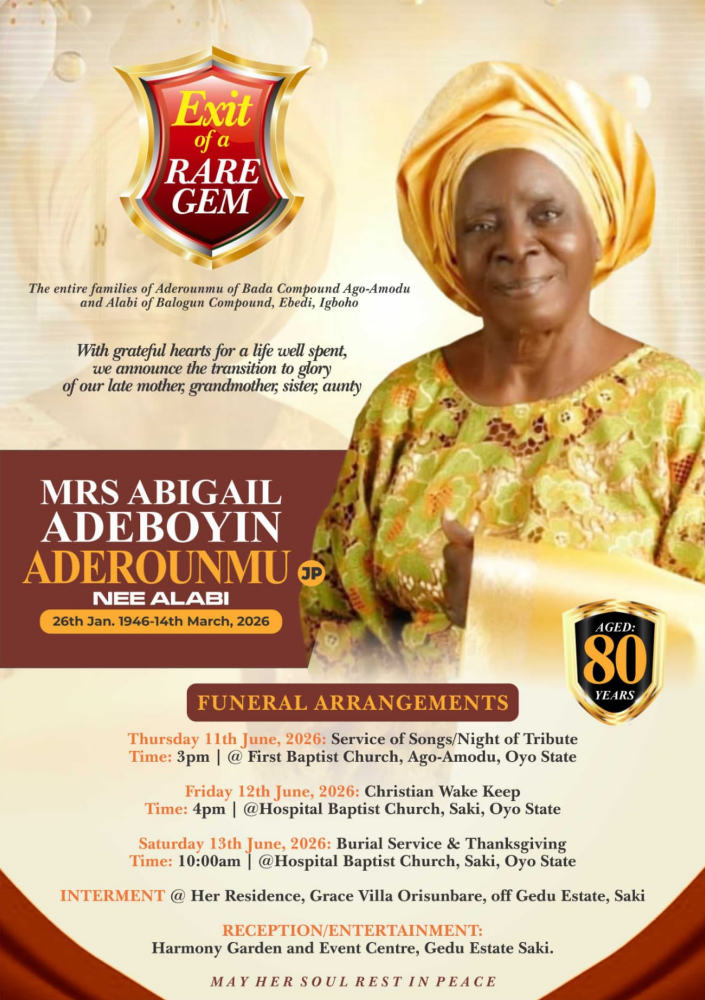 Mama A A Aderounmu Funeral Arrangement plain